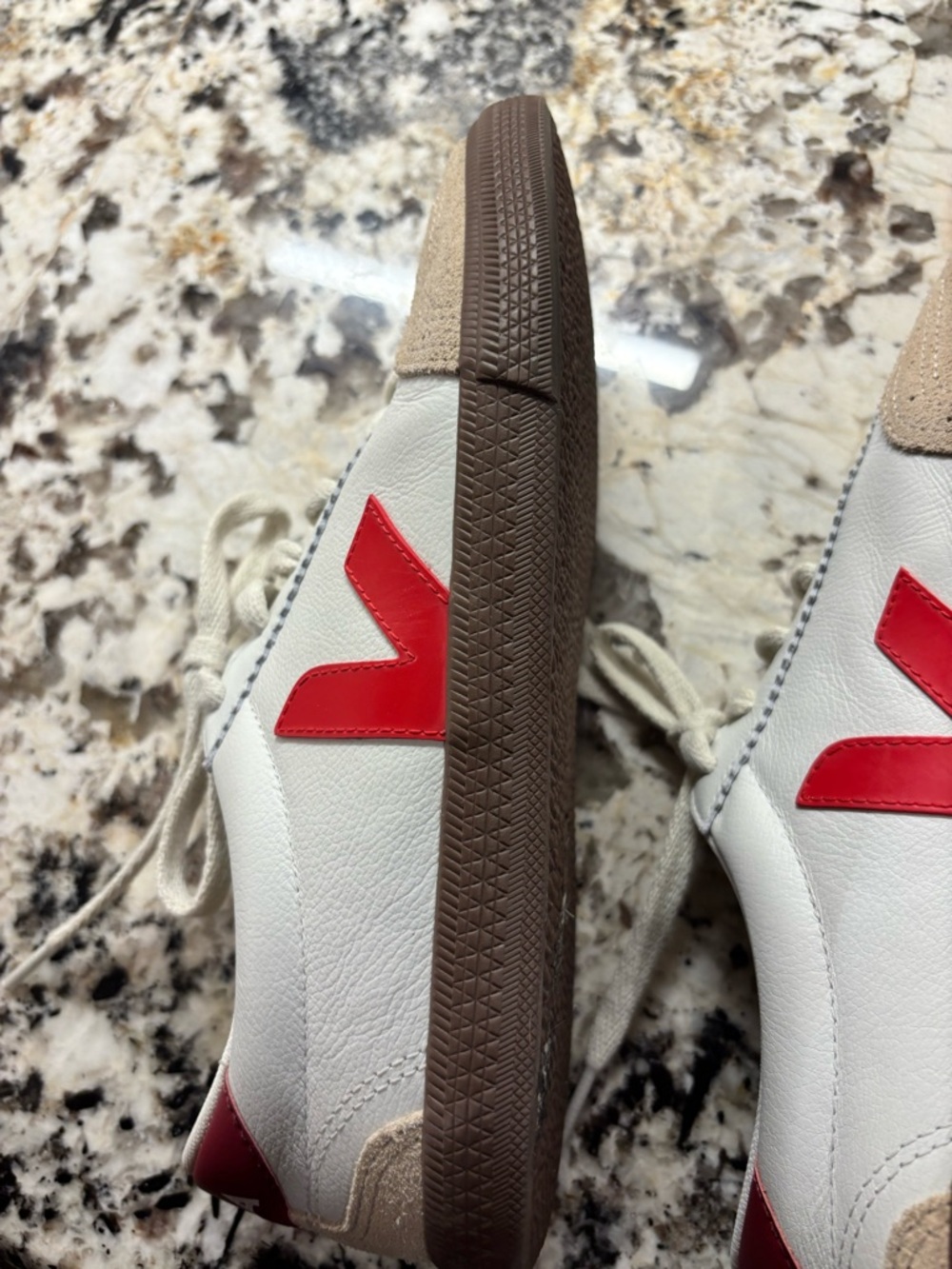 Veja Low-Top Leather Sneakers in White with V and Red Heel Tab Beige Suede - Picture 9 of 10